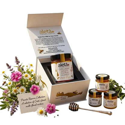 Aleta Organic Multifloral Honey Gift, Single Origin Superfood, Private Reserve, Gift Box w/ Dipper, 450g (1lb)