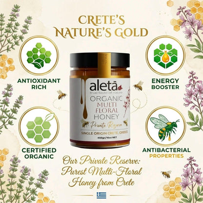Aleta Organic Multifloral Honey Gift, Single Origin Superfood, Private Reserve, Gift Box w/ Dipper, 450g (1lb)