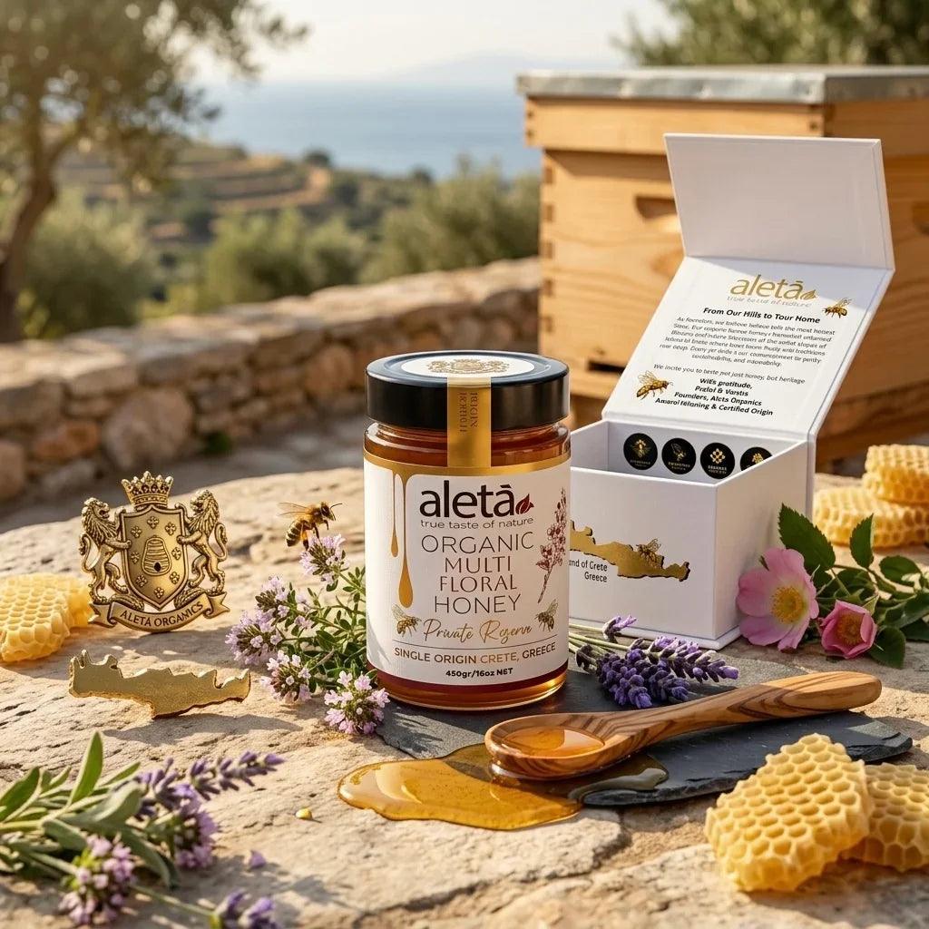 Aleta Organic Multifloral Honey Gift, Single Origin Superfood, Private Reserve, Gift Box w/ Dipper, 450g (1lb)