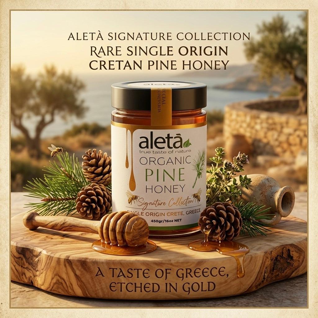 Aleta Organic Rare Pine Honey Gift, Single Origin Superfood, Signature Collection, Gift Box w/ Dipper, 450g (1lb)