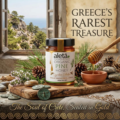 Aleta Organic Rare Pine Honey Gift, Single Origin Superfood, Signature Collection, Gift Box w/ Dipper, 450g (1lb)