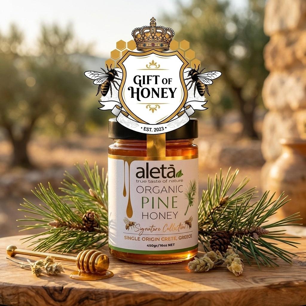 Aleta Organic Rare Pine Honey Gift, Single Origin Superfood, Signature Collection, Gift Box w/ Dipper, 450g (1lb)