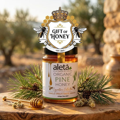 Aleta Organic Rare Pine Honey Gift, Single Origin Superfood, Signature Collection, Gift Box w/ Dipper, 450g (1lb)
