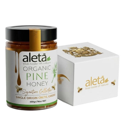 Aleta Organic Rare Pine Honey Gift, Single Origin Superfood, Signature Collection, Gift Box w/ Dipper, 450g (1lb)
