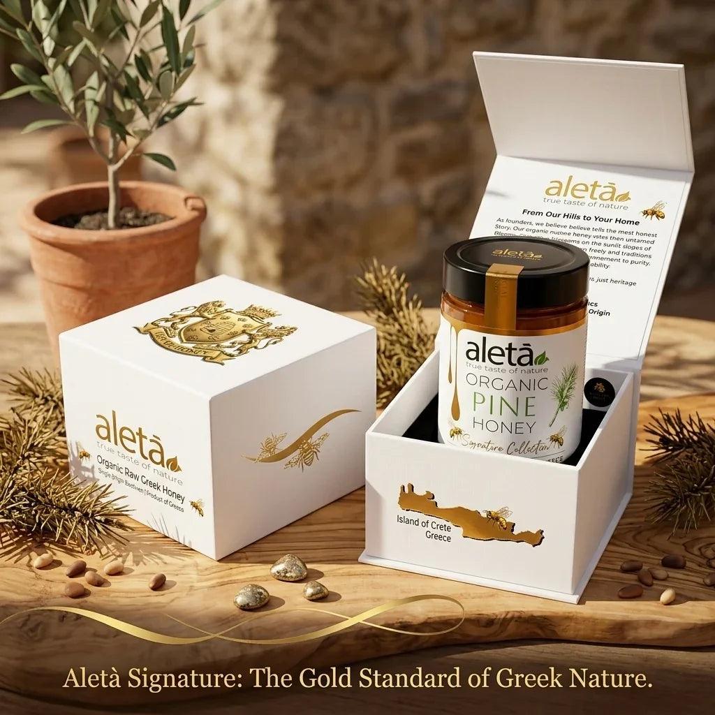 Aleta Organic Rare Pine Honey Gift, Single Origin Superfood, Signature Collection, Gift Box w/ Dipper, 450g (1lb)