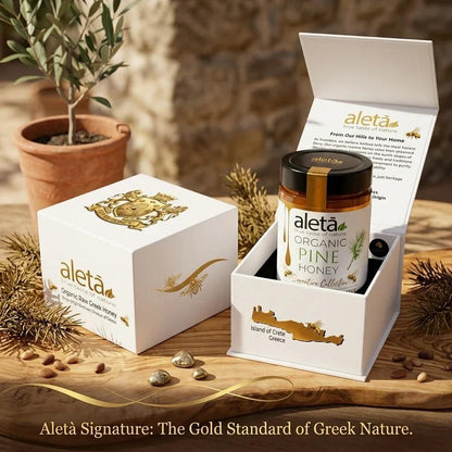 Aleta Organic Rare Pine Honey Gift, Single Origin Superfood, Signature Collection, Gift Box w/ Dipper, 450g (1lb)