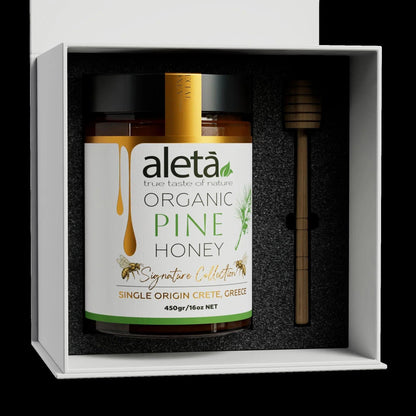 Aleta Organic Rare Pine Honey Gift, Single Origin Superfood, Signature Collection, Gift Box w/ Dipper, 450g (1lb)