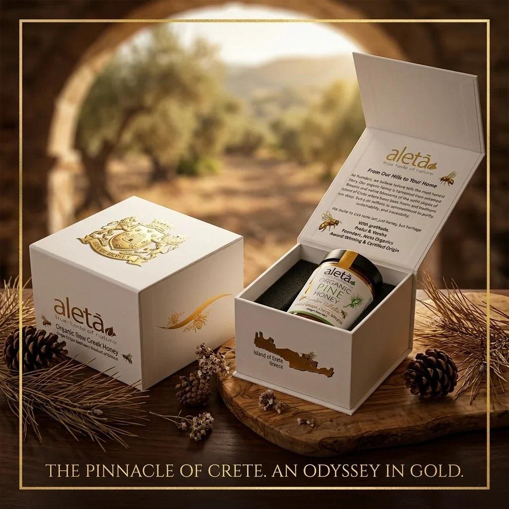 Aleta Organic Rare Pine Honey Gift, Single Origin Superfood, Signature Collection, Gift Box w/ Dipper, 450g (1lb)