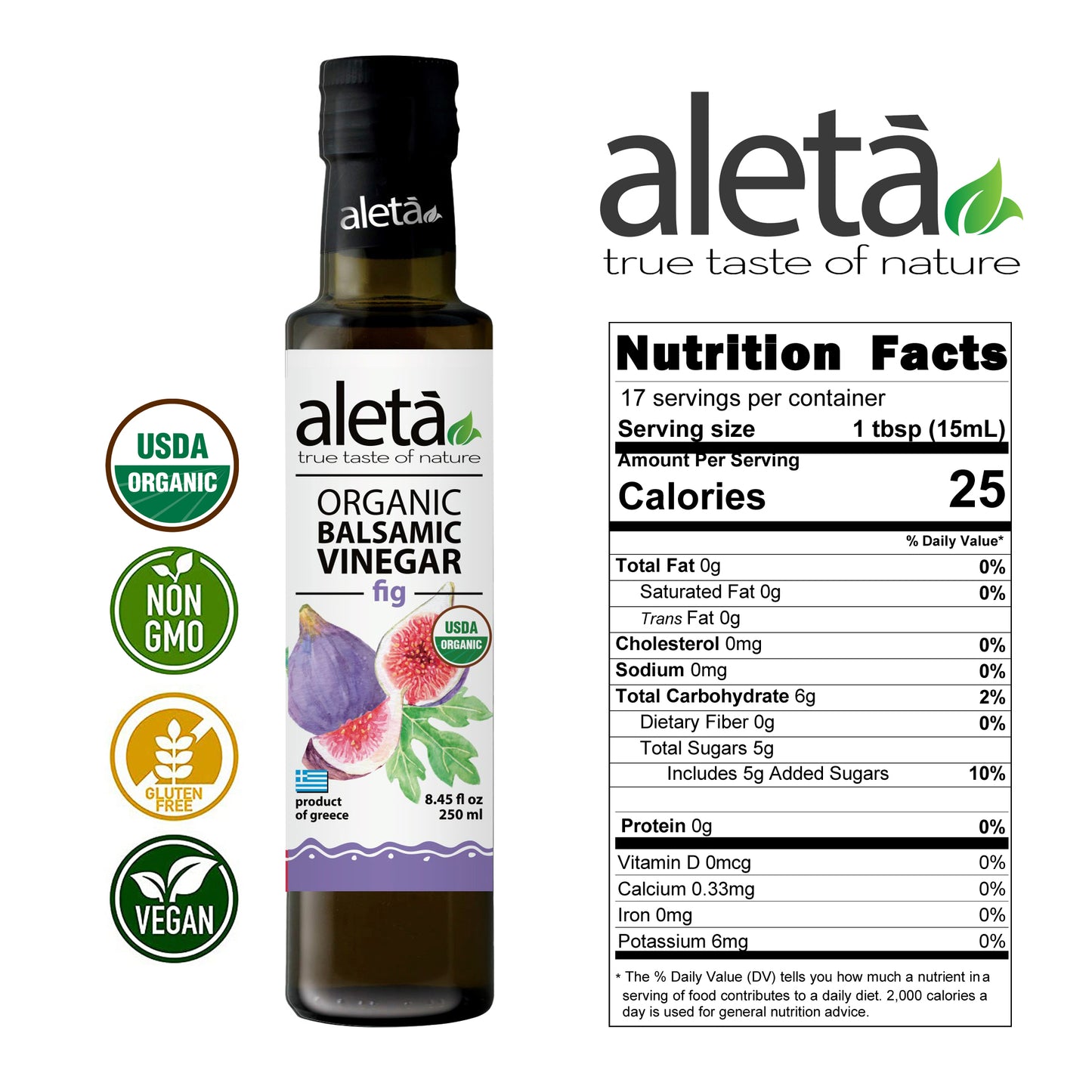 Aleta Organic, Infused Balsamic Vinegar, Orange & Fig Pack, Glass Bottle, 8.45 oz., Pack of 2