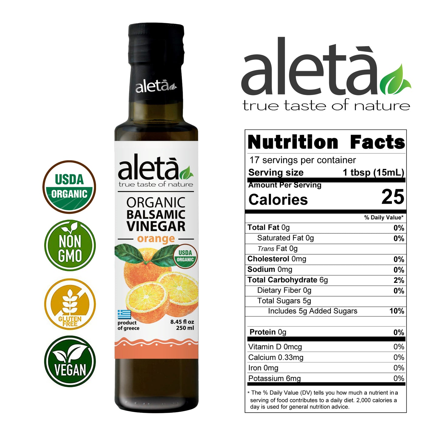 Aleta Organic, Infused Balsamic Vinegar, Orange & Fig Pack, Glass Bottle, 8.45 oz., Pack of 2