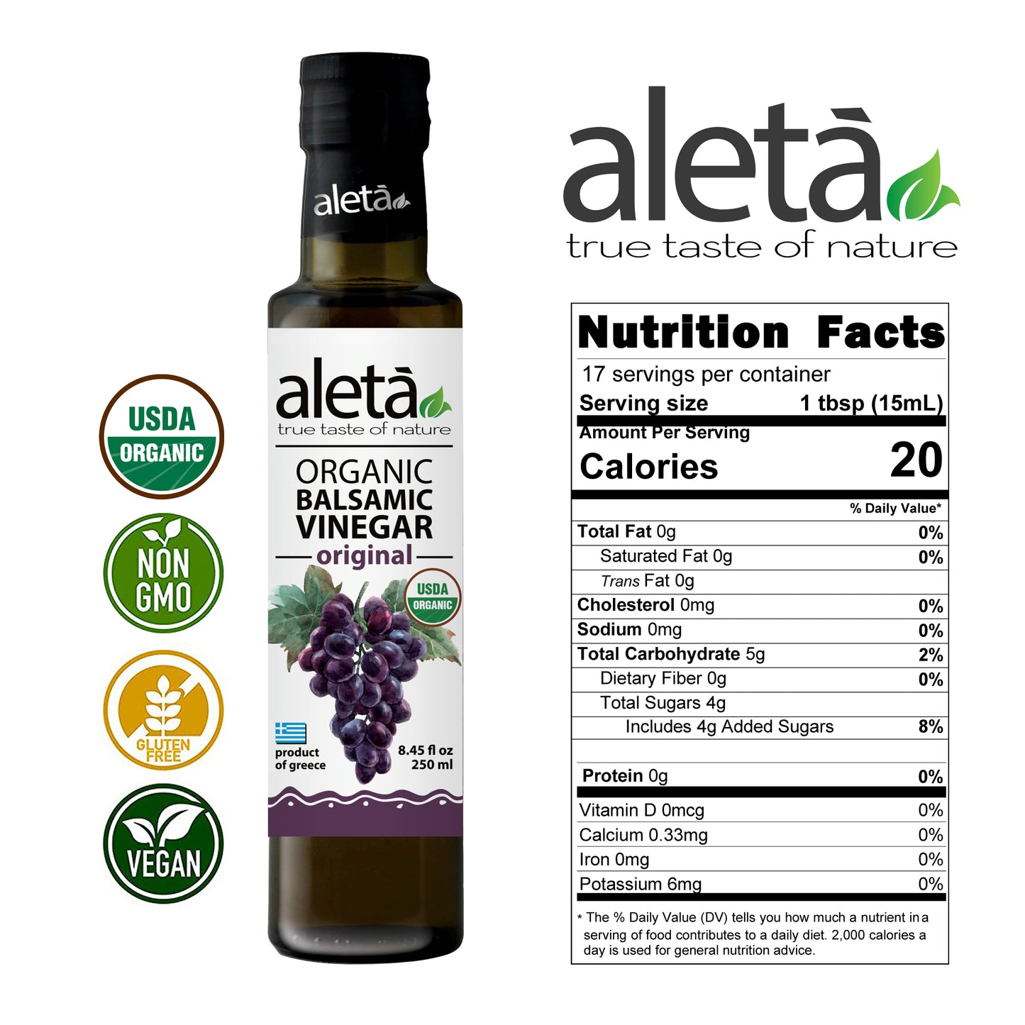 Aleta Organic, Infused Balsamic Vinegar, Plain & Mango Pack, Glass Bottle, 8.45 oz., Pack of 2