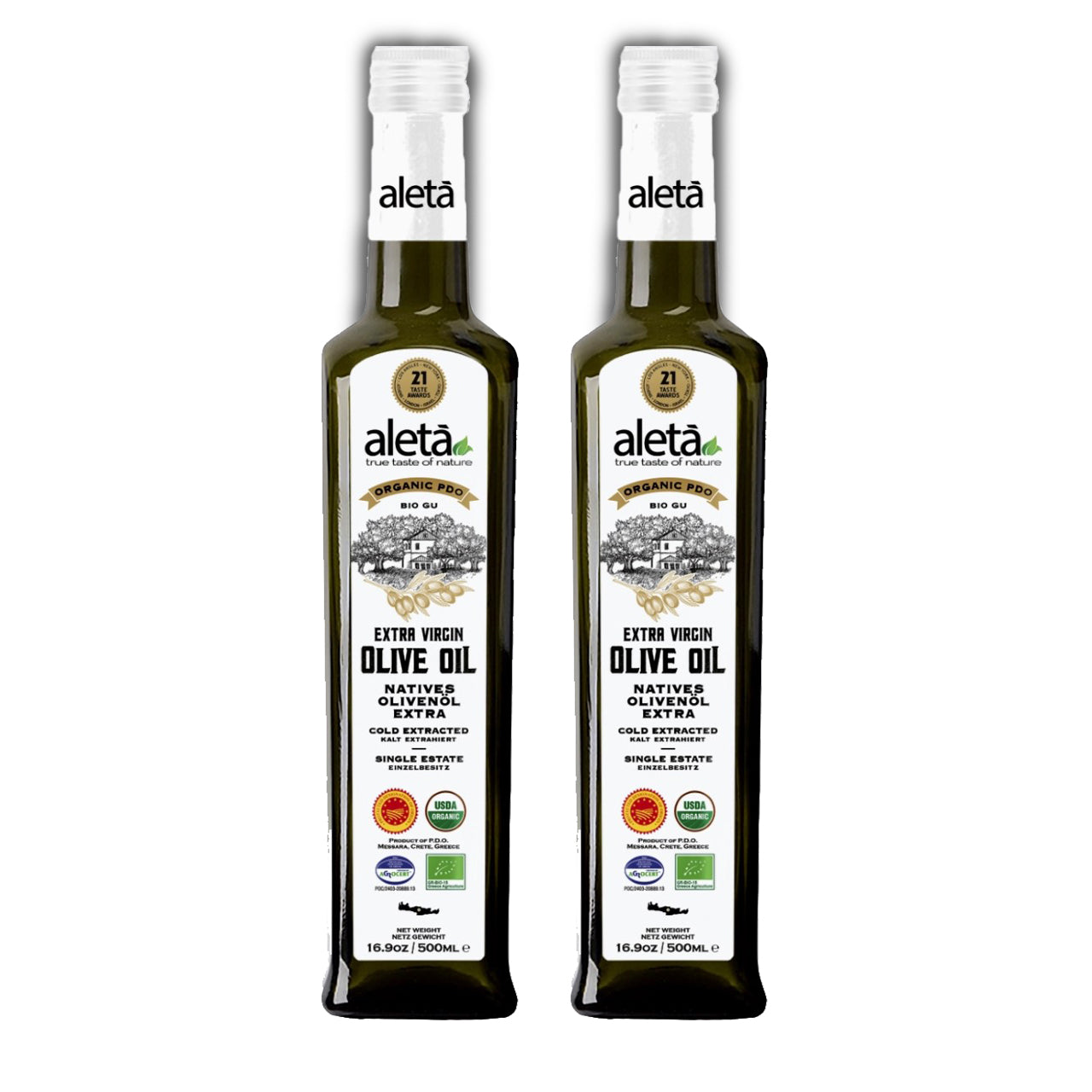 Aleta Organic & PDO Extra Virgin Greek Olive Oil, 2025 Gold Award, 17 oz. Bottle