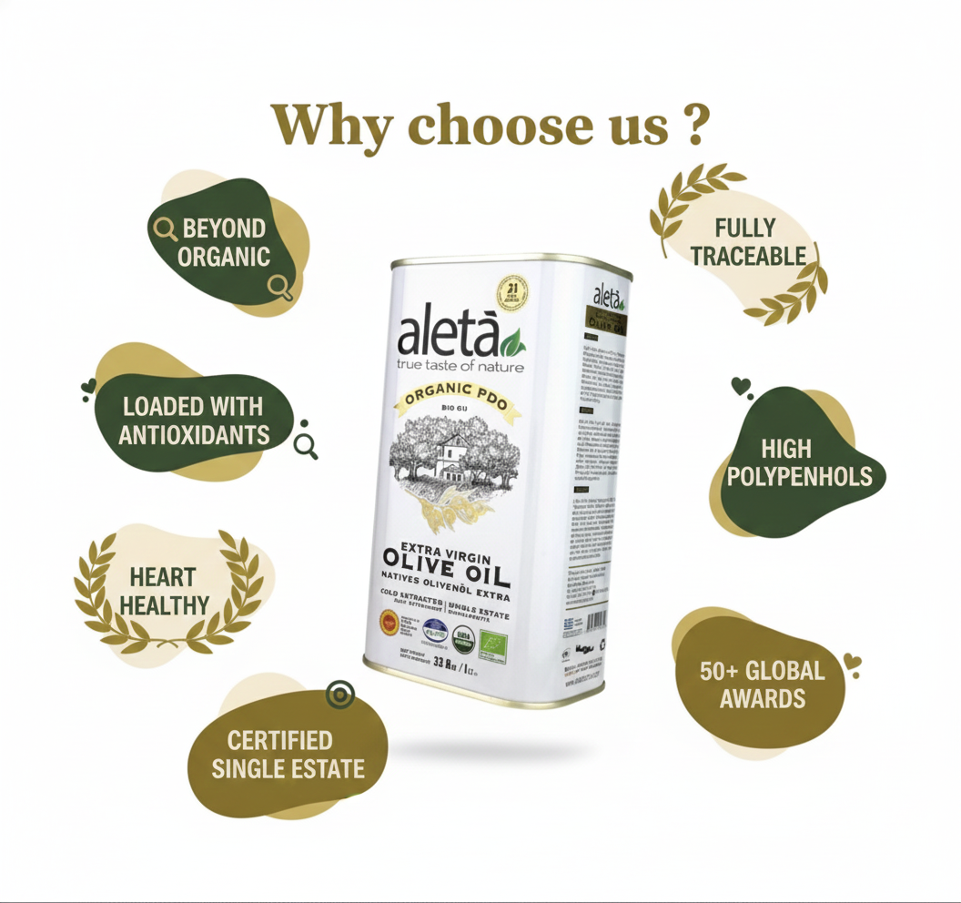 Aleta Organic & PDO Single Estate Traceable Extra Virgin Greek Olive Oil, 1 Ltr Tin, 33.8 oz. Pack of 1