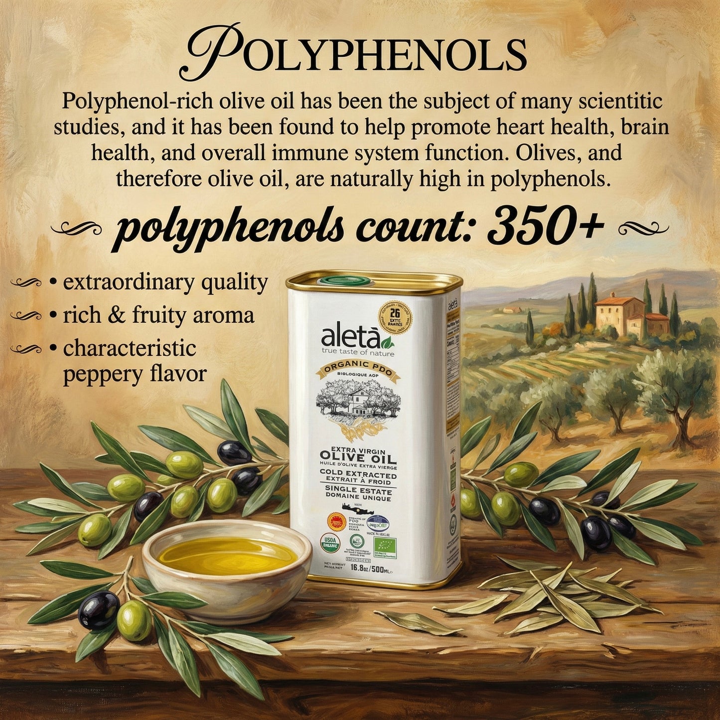 Aleta Organic & PDO Single Estate Traceable Extra Virgin Greek Olive Oil, 500 ml (17 oz) Tin