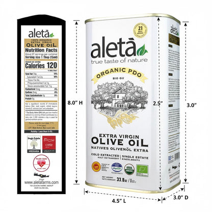 Aleta Organic & Ellora PDO SITIA Estate Extra Virgin Greek Olive Oil, 1 Ltr Tin, 33.8 oz. Combo