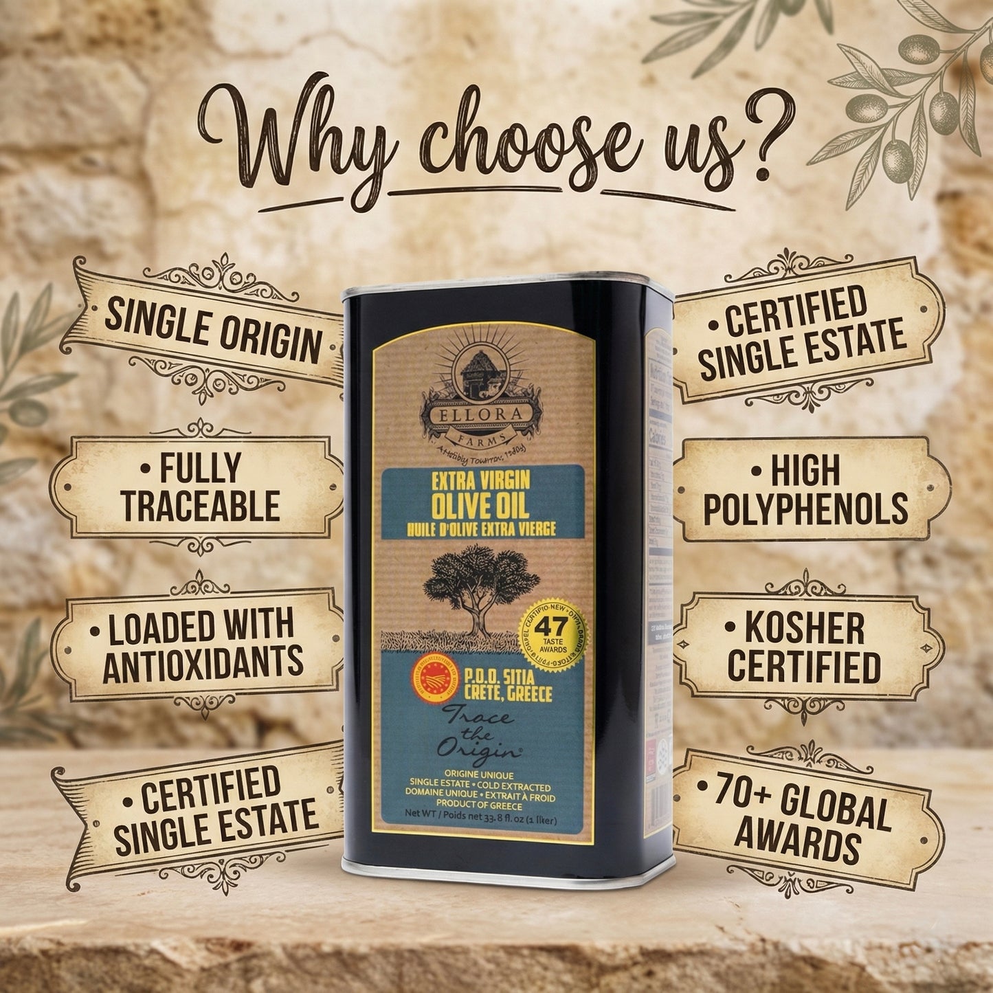 Aleta Organic & Ellora PDO SITIA Estate Extra Virgin Greek Olive Oil, 1 Ltr Tin, 33.8 oz. Combo