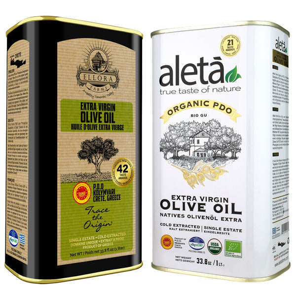 Aleta Organic & Ellora PDO Single Estate Extra Virgin Greek Olive Oil, 1 Ltr Tin, 33.8 oz. Combo
