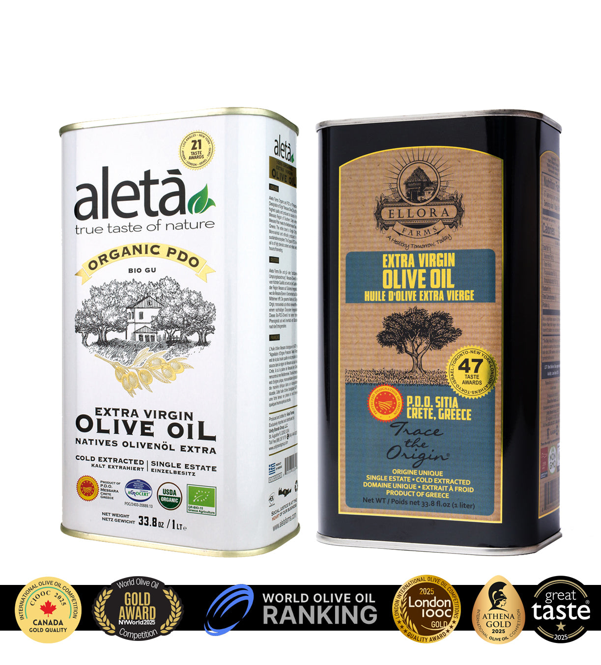Aleta Organic & Ellora PDO SITIA Single Estate Extra Virgin Greek Olive Oil, 1 Ltr Tin, 33.8 oz. Combo