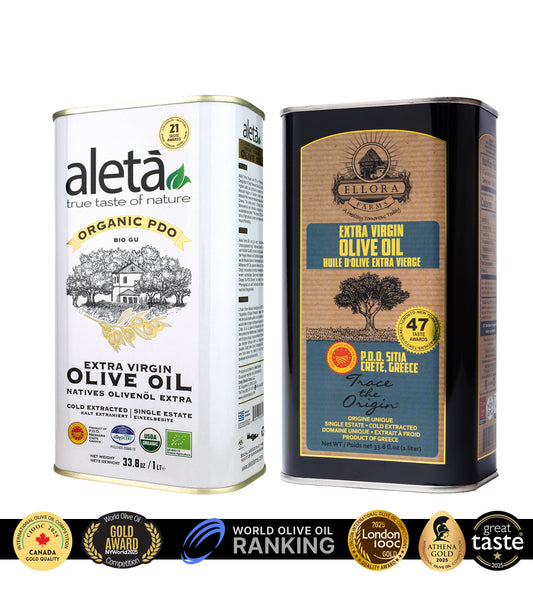 Aleta Organic & Ellora PDO SITIA Single Estate Extra Virgin Greek Olive Oil, 1 Ltr Tin, 33.8 oz. Combo