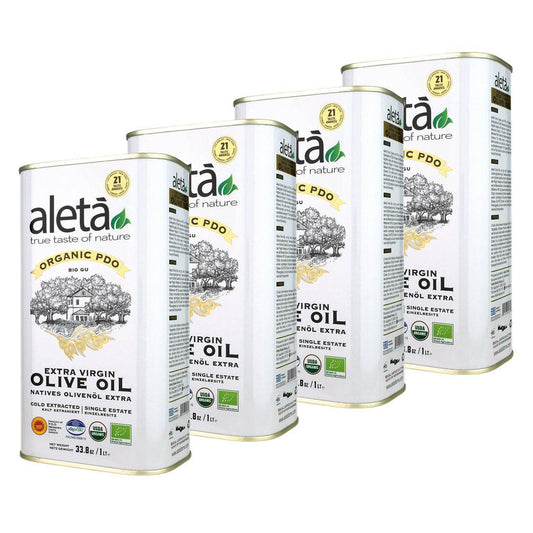 Aleta Organic & PDO Single Estate Traceable Extra Virgin Greek Olive Oil, 1 Ltr Tin, 33.8 oz. Pack of 4 - Aleta Farms