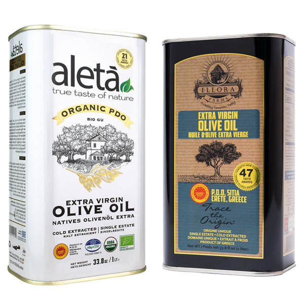 Aleta Organic & Ellora PDO SITIA Estate Extra Virgin Greek Olive Oil, 1 Ltr Tin, 33.8 oz. Combo