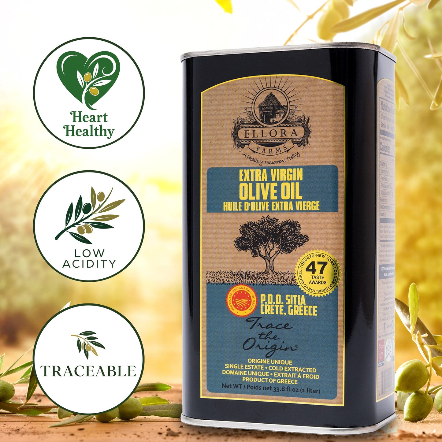 Aleta Organic & Ellora PDO SITIA Single Estate Extra Virgin Greek Olive Oil, 1 Ltr Tin, 33.8 oz. Combo