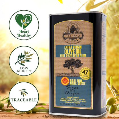Aleta Organic & Ellora PDO SITIA Single Estate Extra Virgin Greek Olive Oil, 1 Ltr Tin, 33.8 oz. Combo