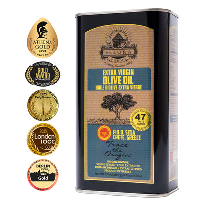 Aleta Organic & Ellora PDO SITIA Single Estate Extra Virgin Greek Olive Oil, 1 Ltr Tin, 33.8 oz. Combo