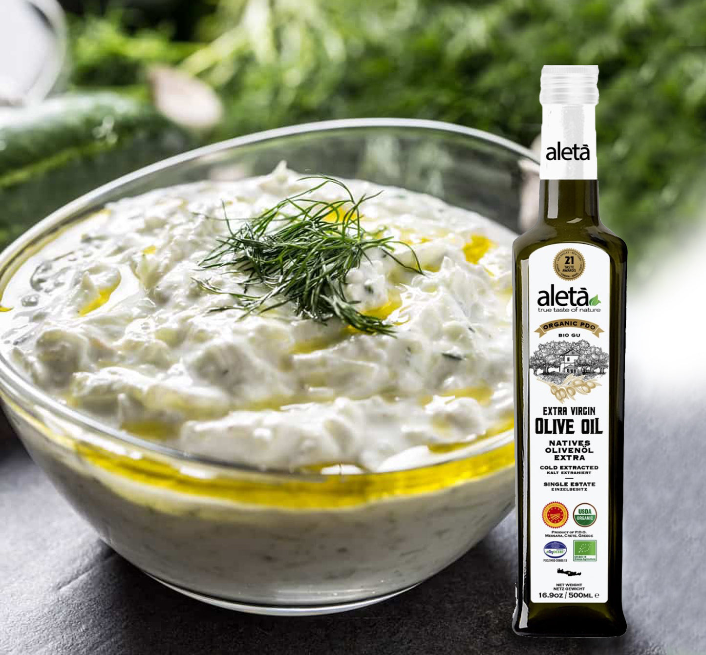 Aleta Organic & PDO Extra Virgin Greek Olive Oil, 2025 Gold Award, 17 oz. Bottle