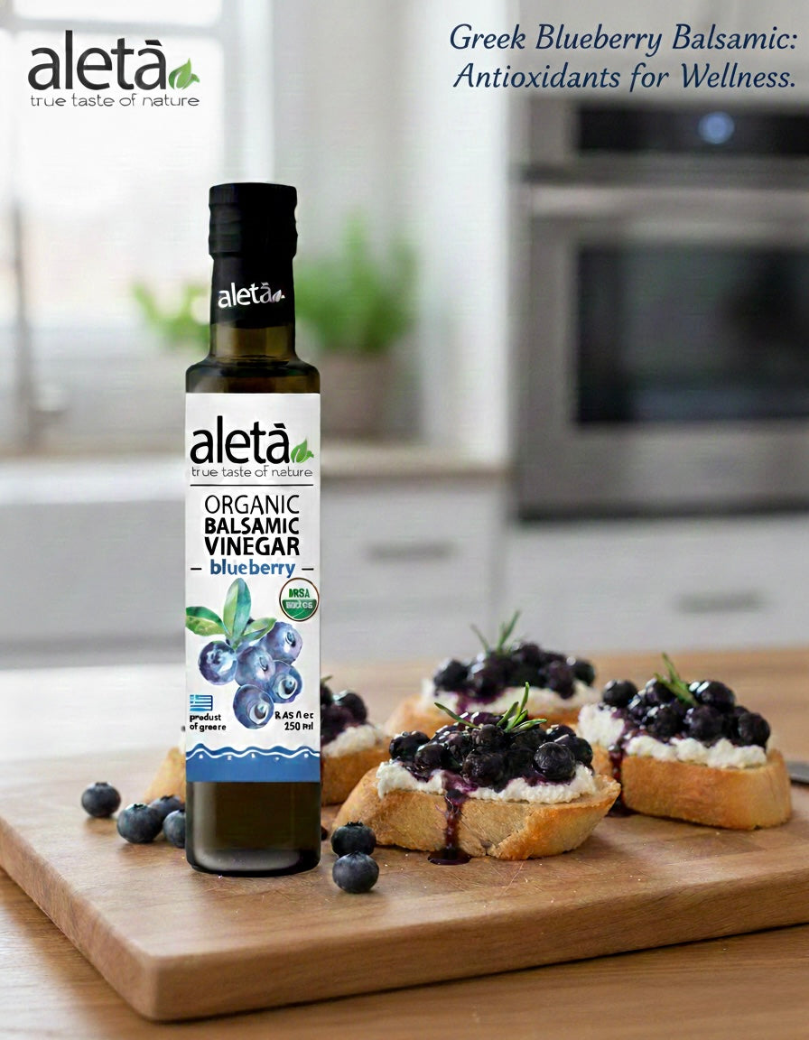 Aleta Organic, Blueberry Infused Balsamic Vinegar, Glass Bottle, 8.45 oz.
