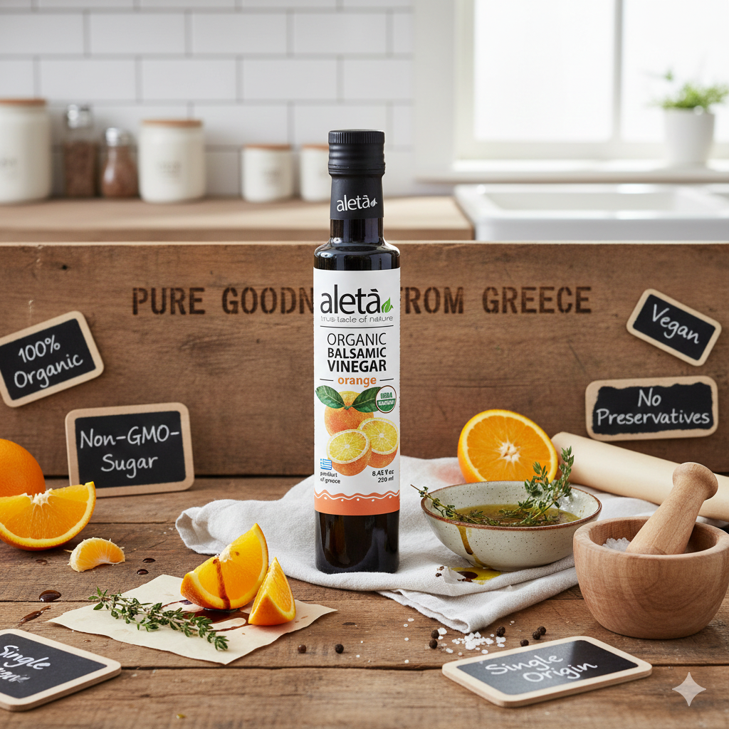 Aleta Organic, Orange Infused Balsamic Vinegar, Glass Bottle, 8.45 oz.
