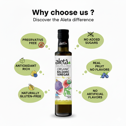 Aleta Organic, Fig Infused Balsamic Vinegar, Glass Bottle, 8.45 oz.