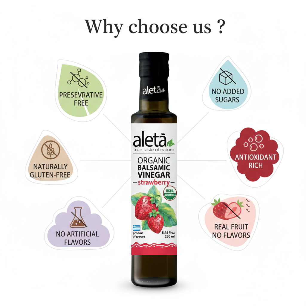 Aleta Organic, Strawberry Infused Balsamic Vinegar, Glass Bottle, 8.45 oz.