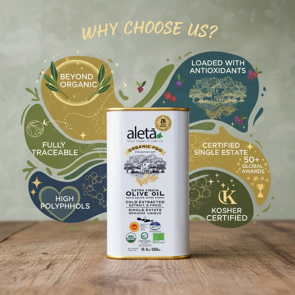 Combo Pack, Aleta Organic PDO Single Estate Messara Extra Virgin Olive Oil, 17 oz Glass Bottle and 17 oz Refill tin, Pack of 2