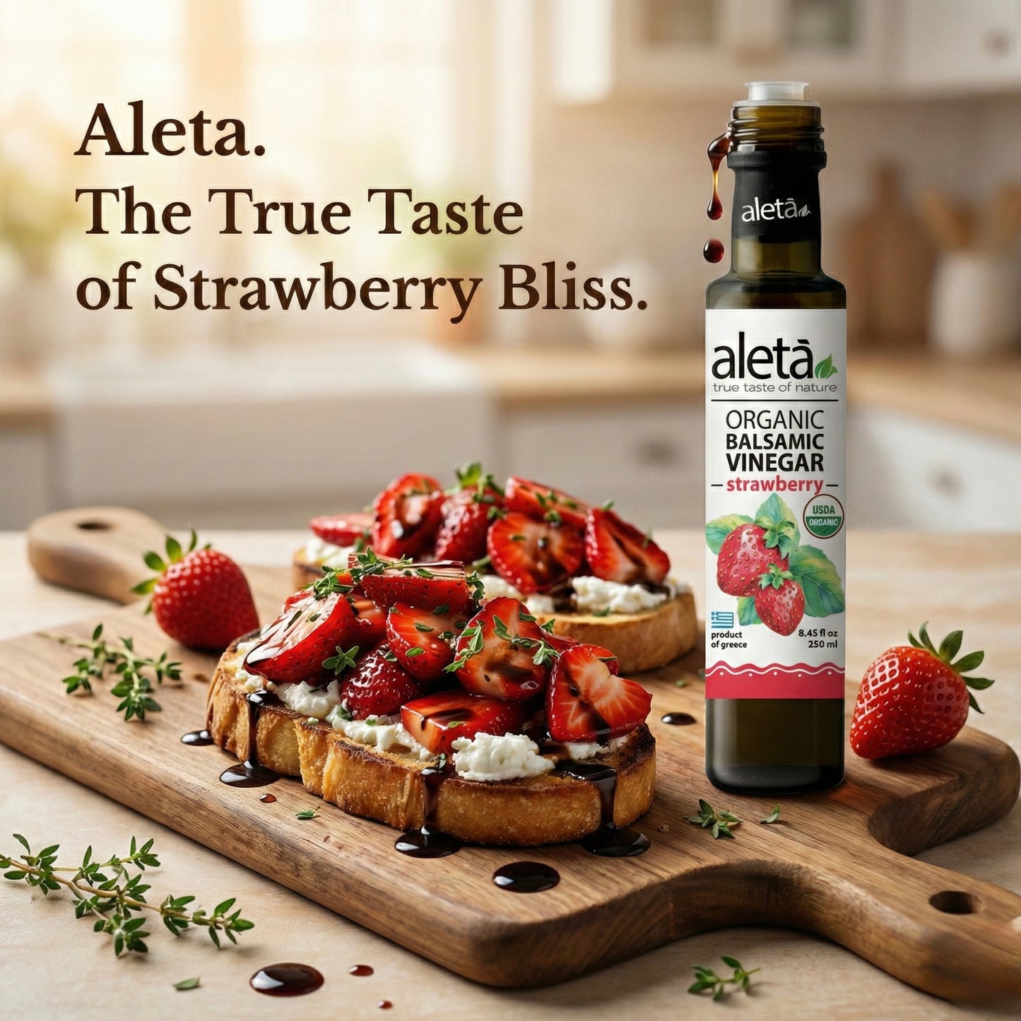 Aleta Organic, Strawberry Infused Balsamic Vinegar, Glass Bottle, 8.45 oz.