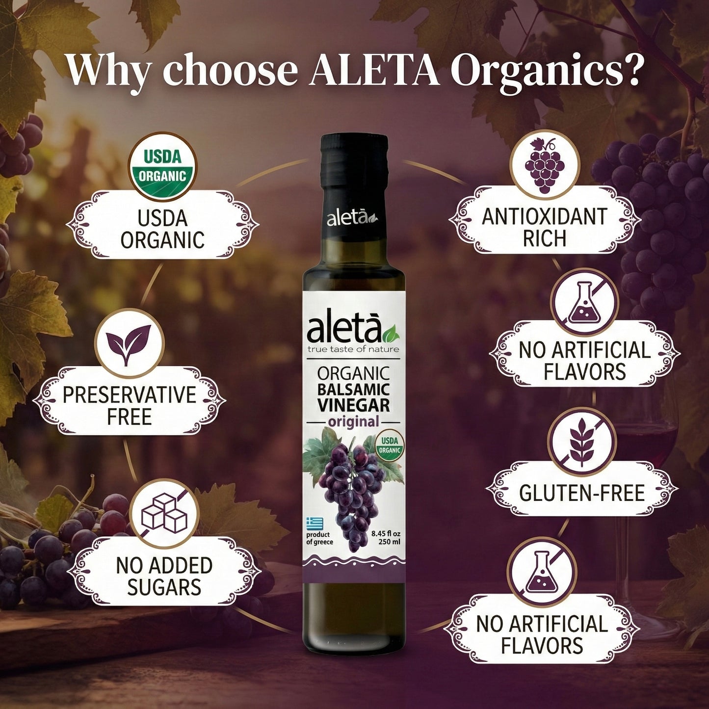 Aleta Organic, Natural Plain Balsamic Vinegar, Glass Bottle, 8.45 oz.