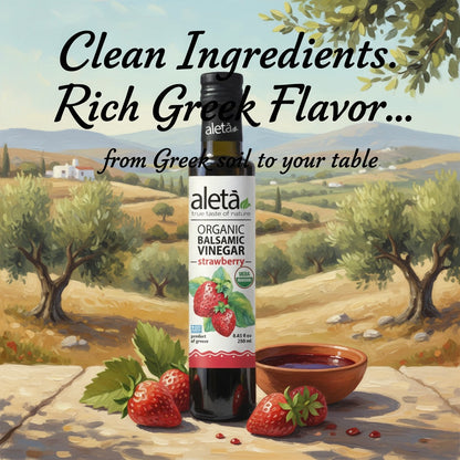 Aleta Organic, Strawberry Infused Balsamic Vinegar, Glass Bottle, 8.45 oz.
