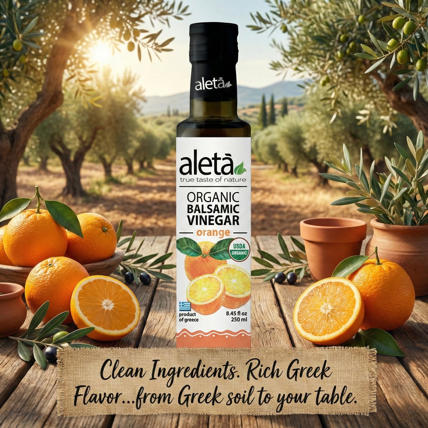 Aleta Organic, Orange Infused Balsamic Vinegar, Glass Bottle, 8.45 oz.