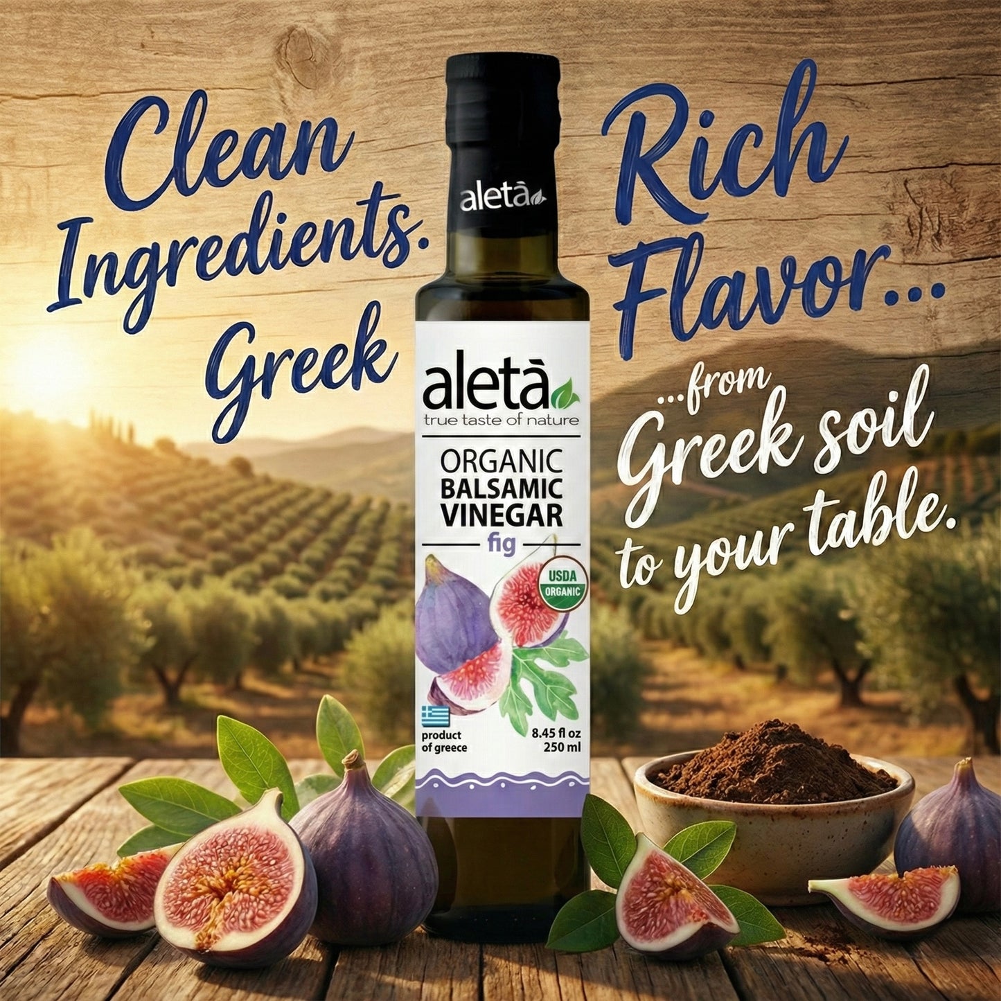 Aleta Organic, Fig Infused Balsamic Vinegar, Glass Bottle, 8.45 oz.