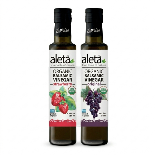 Aleta Organic, Infused Balsamic Vinegar, Plain & Strawberry Pack, Glass Bottle, 8.45 oz., Pack of 2