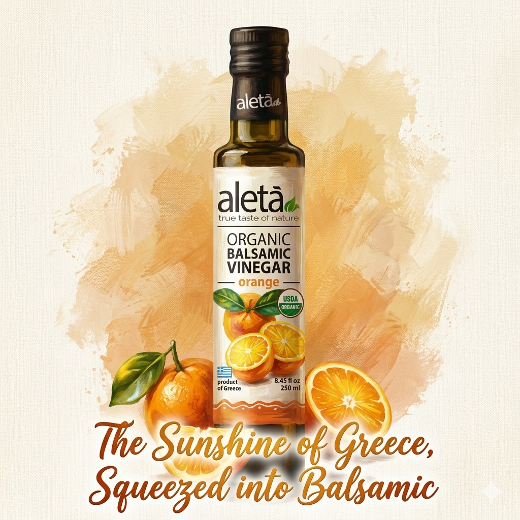 Aleta Organic, Orange Infused Balsamic Vinegar, Glass Bottle, 8.45 oz.