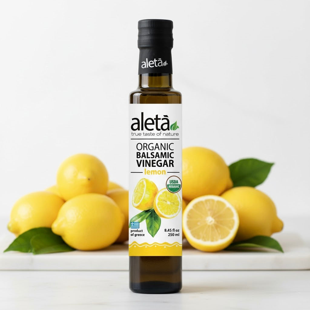 Aleta Organic, Lemon Infused Balsamic Vinegar, Glass Bottle, 8.45 oz.