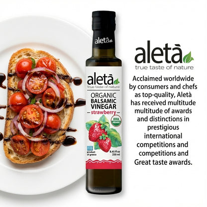 Aleta Organic, Strawberry Infused Balsamic Vinegar, Glass Bottle, 8.45 oz.