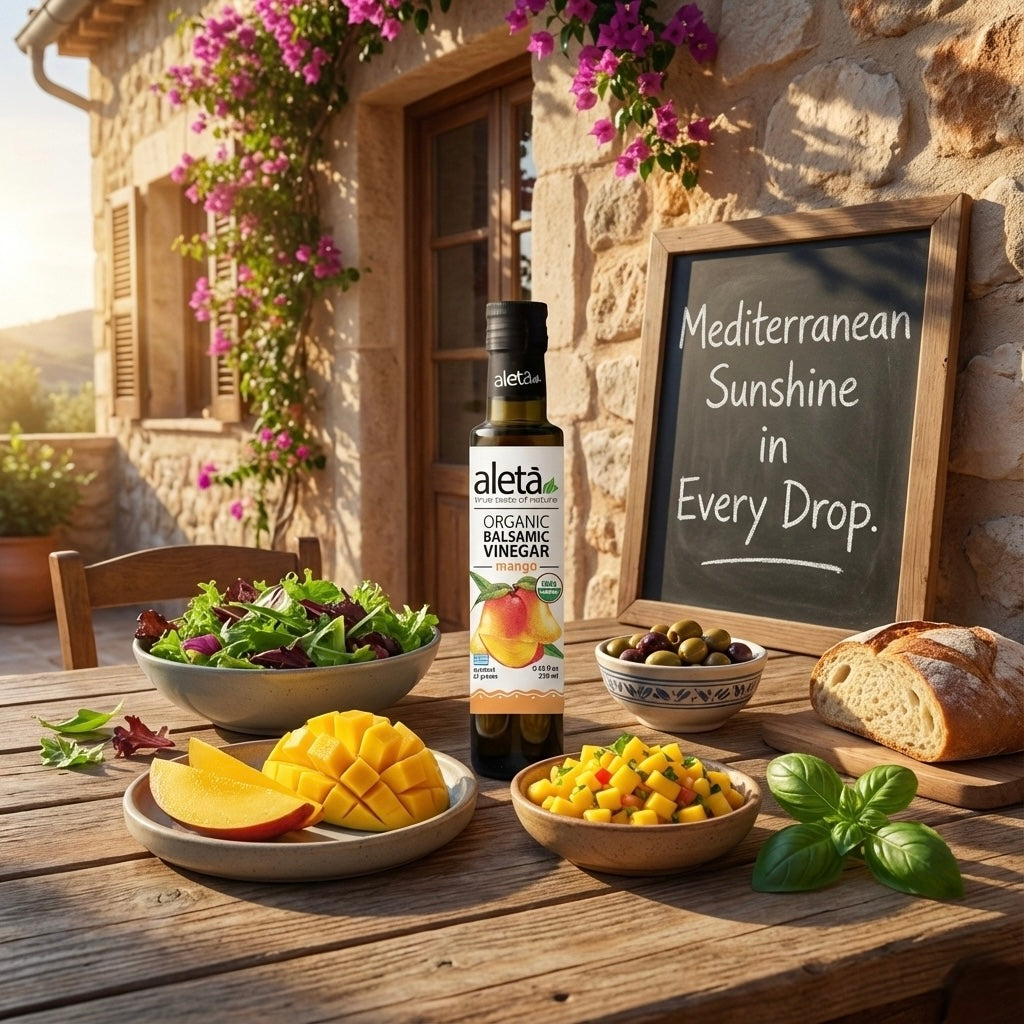 Aleta Organic, Mango Infused Balsamic Vinegar, Glass Bottle, 8.45 oz.