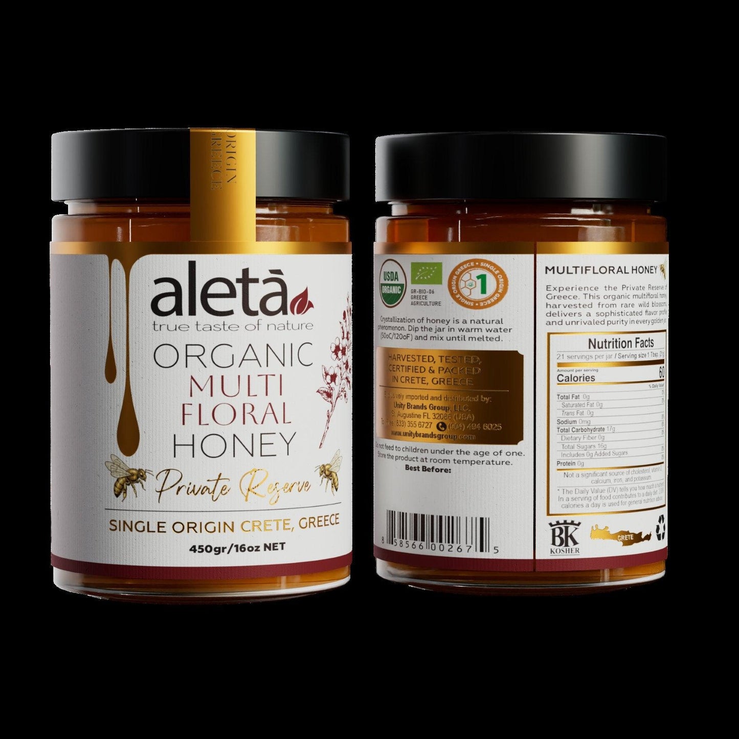 Aleta Organic Multifloral Honey, Single Origin Crete, Greece, Superfood Private Reserve, 450g (1lb)