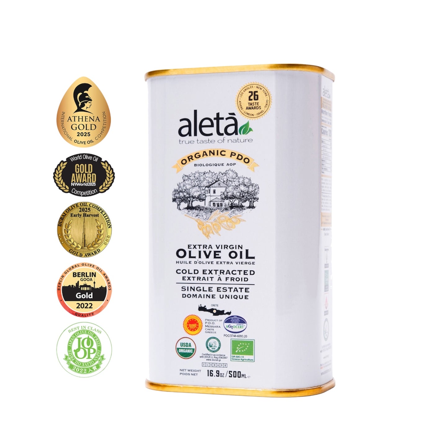 Aleta Organic & PDO Single Estate Traceable Extra Virgin Greek Olive Oil, 500 ml (17 oz) Tin